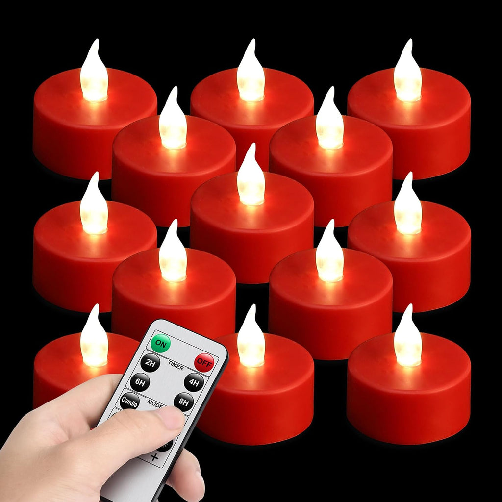 LED Tea Light Flameless Candles with Remote Control Flickering Tealight Long Lasting, Battery Operated with Timer for Halloween Home Decoration Seasonal &Festival Celebration Red (12pcs)