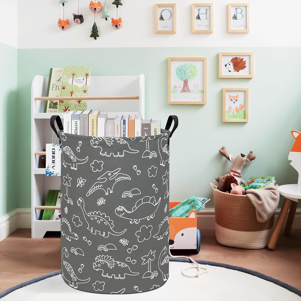 Round Dinosaur Laundry Hamper, Cotton Canvas Teen Room Storage Bin