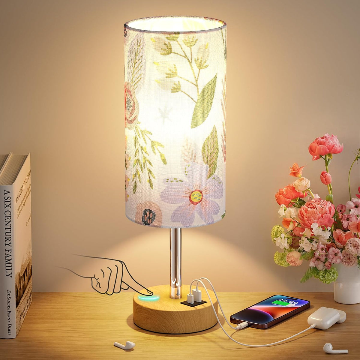 Dicoool Touch Bedside Table Lamp with USB - 3 Way Dimmable Floral Lamp for Bedroom Nightstand, Desk Lamp with Charging Station for Dorm, Living Room, Office, Kids Room, Small, 14in