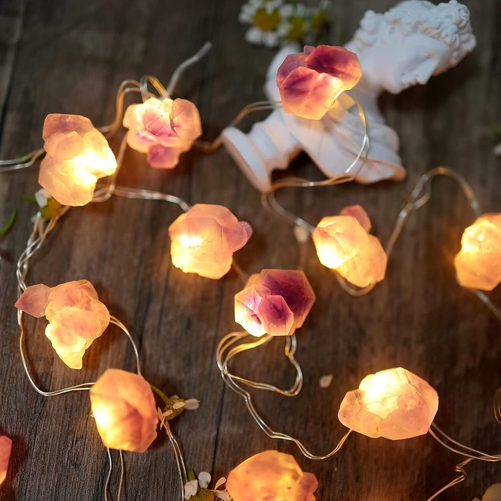 Natural Amethyst Crystal Color-Changing Fairy Lights, 10ft 30 LED with Remote Control. USB or Battery Operated, Decorative Geode String Lights for Bedroom, Christmas, and Spiritual Decor