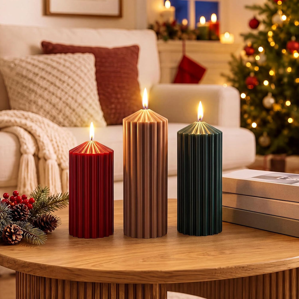 Mtlee 3 Pack Christmas Ribbed Pillar Candles, Burgundy, Forest Green, Brown