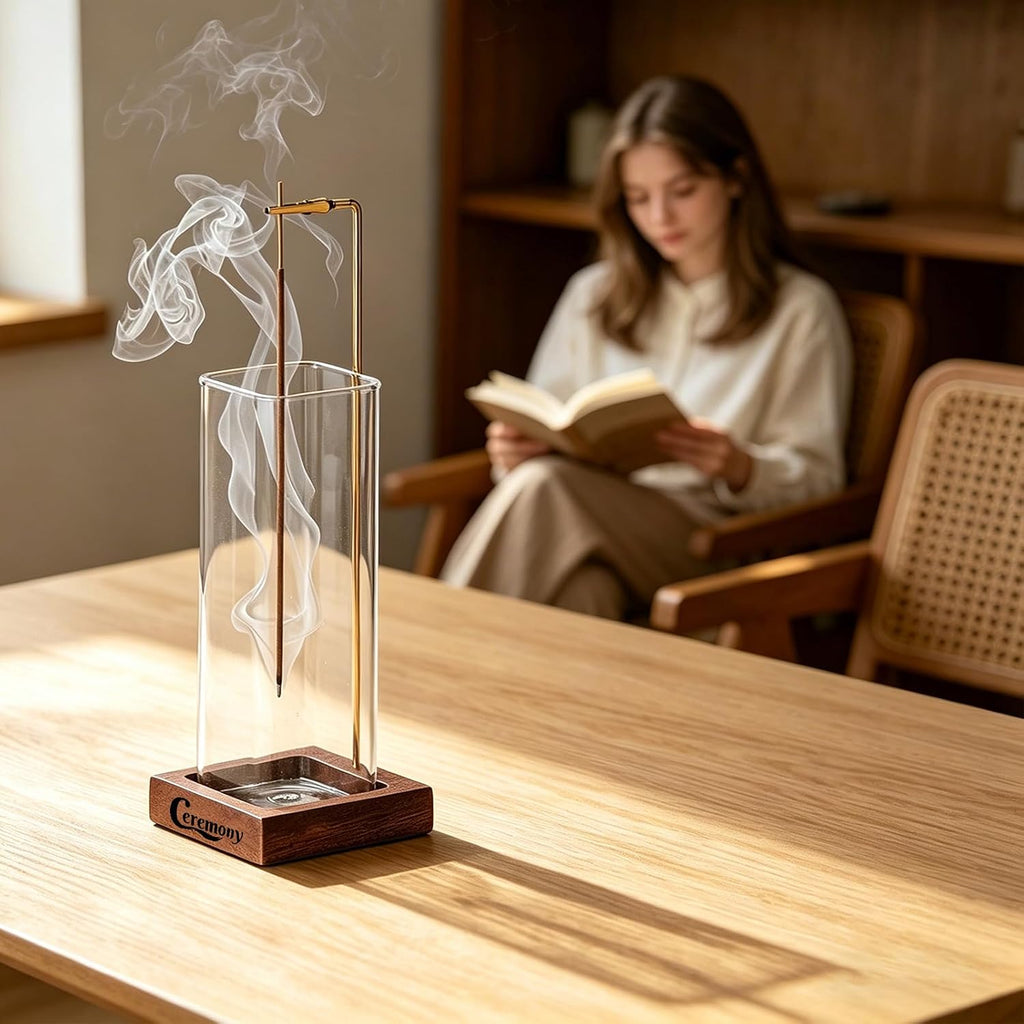 Ceremony Incense Holder, Wooden Incense Burner with Glass Ash Catcher (Transprent Square, One Glass)