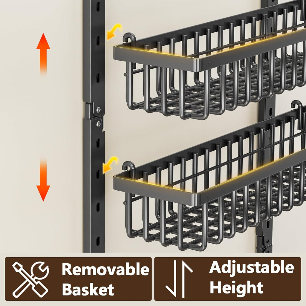 POKIPO 9 Tier Over The Door Pantry Organizer, 2 in 1 Wall Mount or Hanging Spice Rack with Adjustable Deep Basket, Heavy-Duty Seasoning Organizer and Storage for Kitchen Cabinet Closet Bathroom