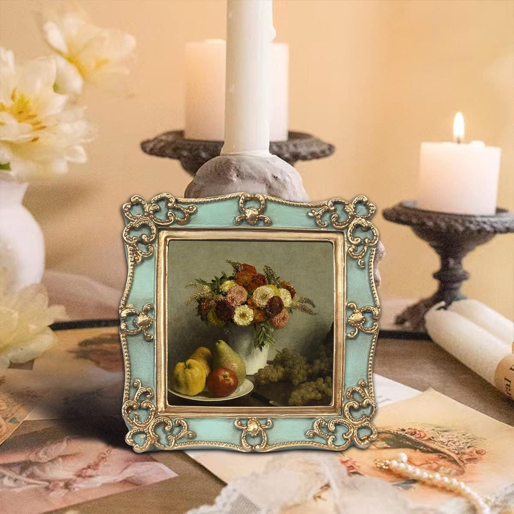 PARAFAYER Vintage Small Picture Frame 4x4, Antique Ornate Photo Frame With Gold Floral Relief, Wall and Tabletop Display,High Definition Glass Front,Retro Home Decor Art Gallery (Sea Foam Green 4x4)