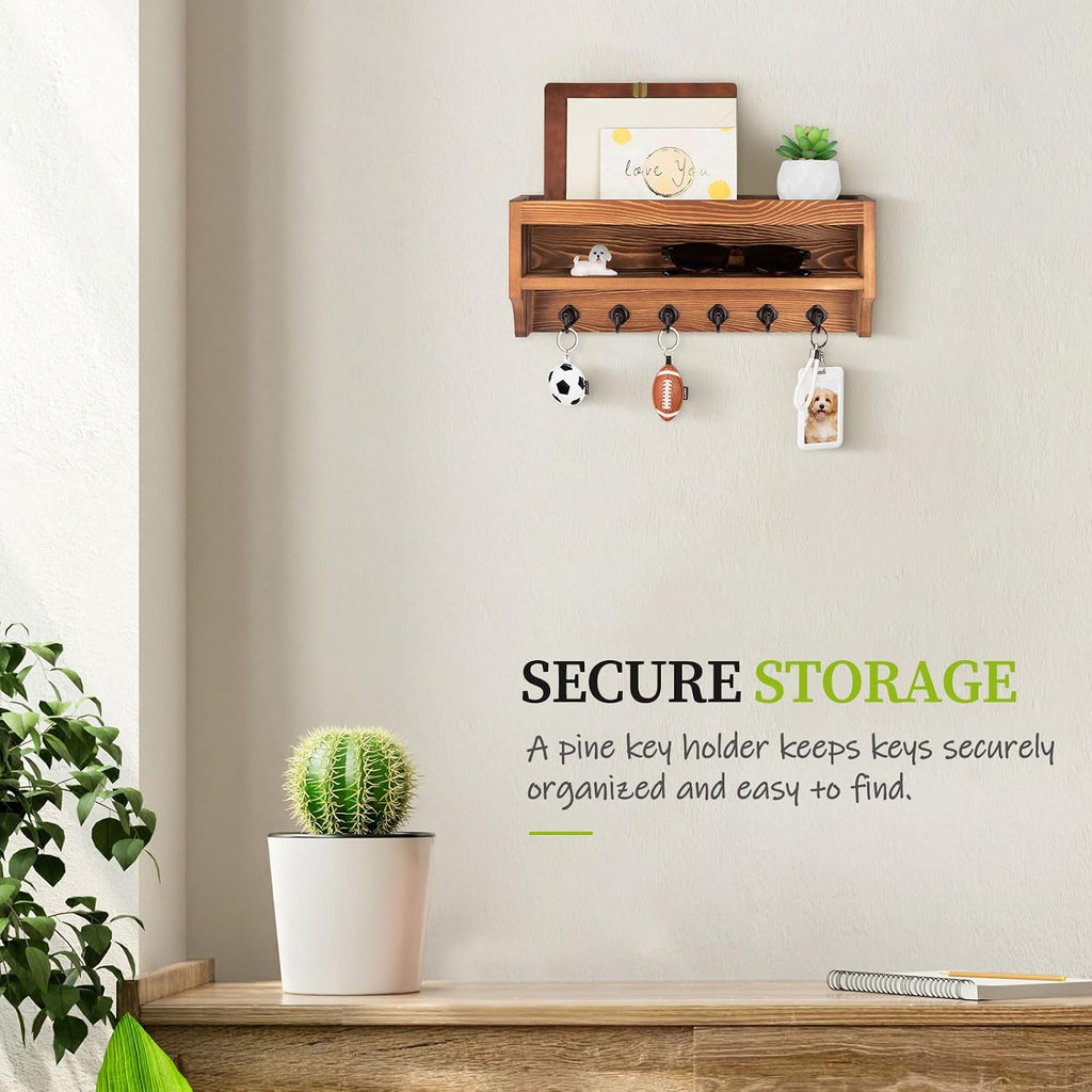 Nekon Key Holder Wall Mount, Pine Wooden Mail Organizer, Light Brown