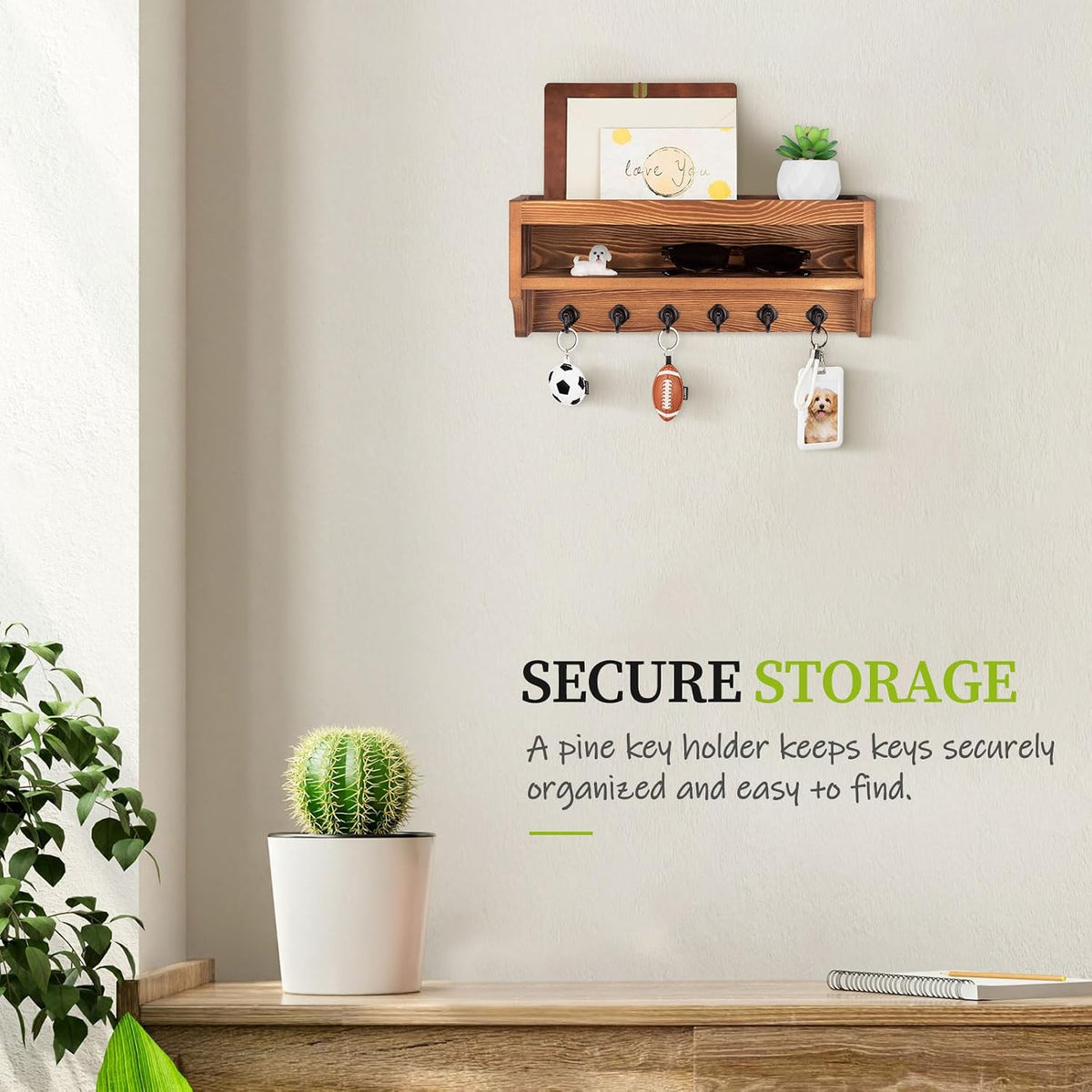 Nekon Key Holder Wall Mount, Pine Wooden Mail Organizer, Light Brown