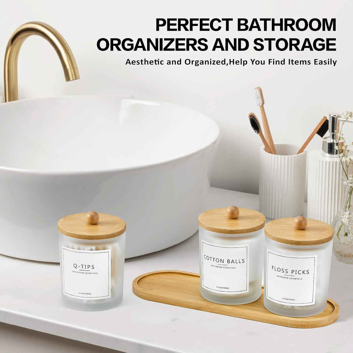 3 Pack Qtip Holder Bathroom Set with Tray,13.5oz Cotton Round Ball Pad Holder Cotton Swab Floss Pick Dispenser,Glass Apothecary Jars Canisters with Lids,Bathroom Organizers and Storage Container