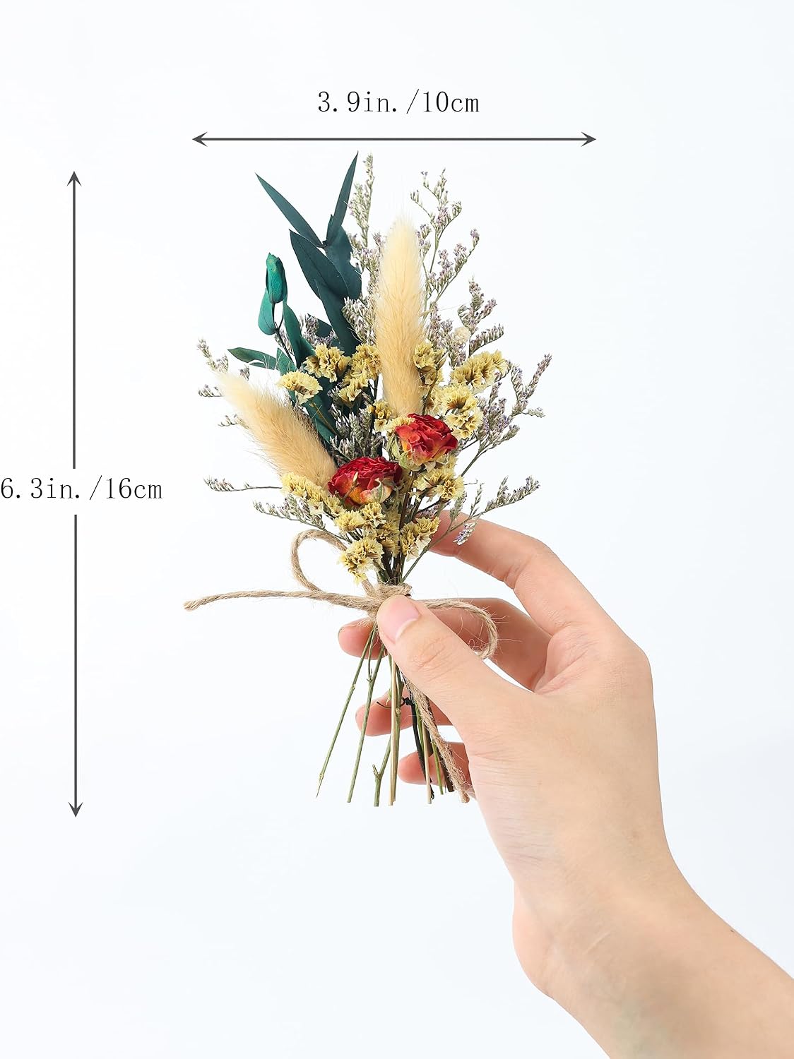 Mini Dried Rose Bouquet (6pcs), Natural Dried Flower Bouquet, Dried Pampas Grass, Groom & Best Man Corsages, Dried Cake Flowers, Gift Box Filled with Dried Flowers, Wedding Accompaniments.(Red)