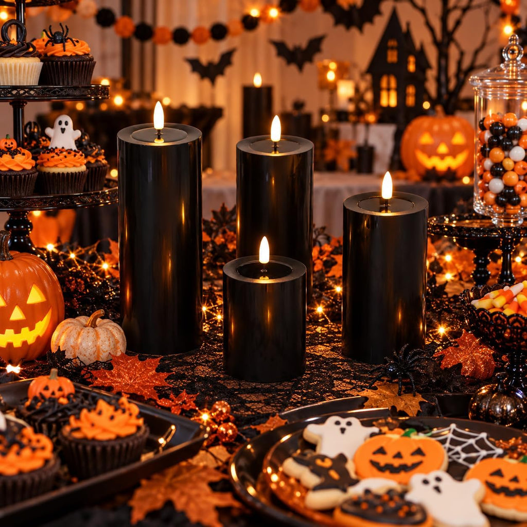Lezonic Black Flameless Candles with Remote, LED Battery Operated Flickering with Timer, 4 Pack Glossy Wax Drips Design Real Wax Pillar for Halloween Decor, Centerpiece, Birthday Gifts (4/5/6/8 Inch)