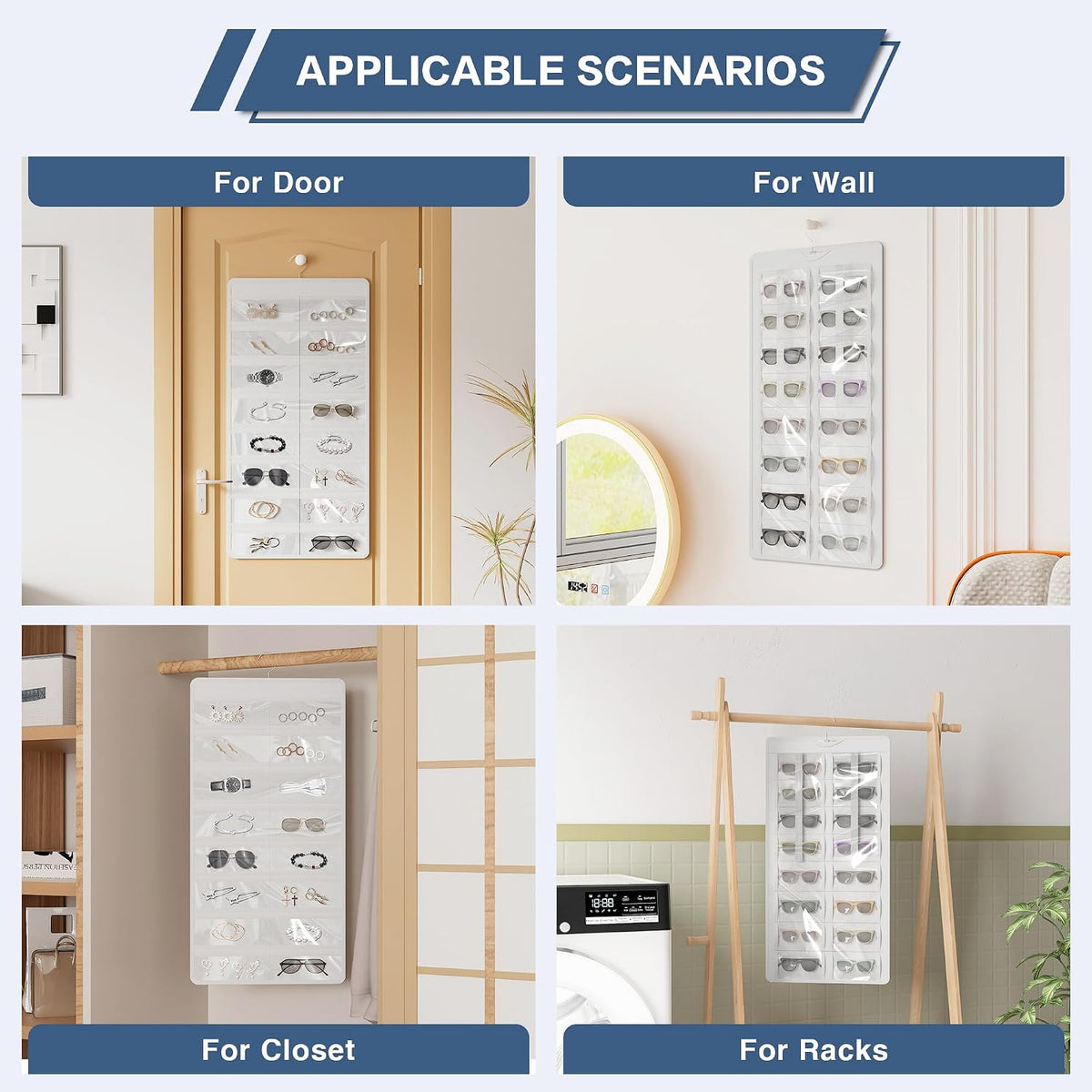 Hanging Sunglasses Organizer and Storage, 32 Slots Jewelry Holder, White