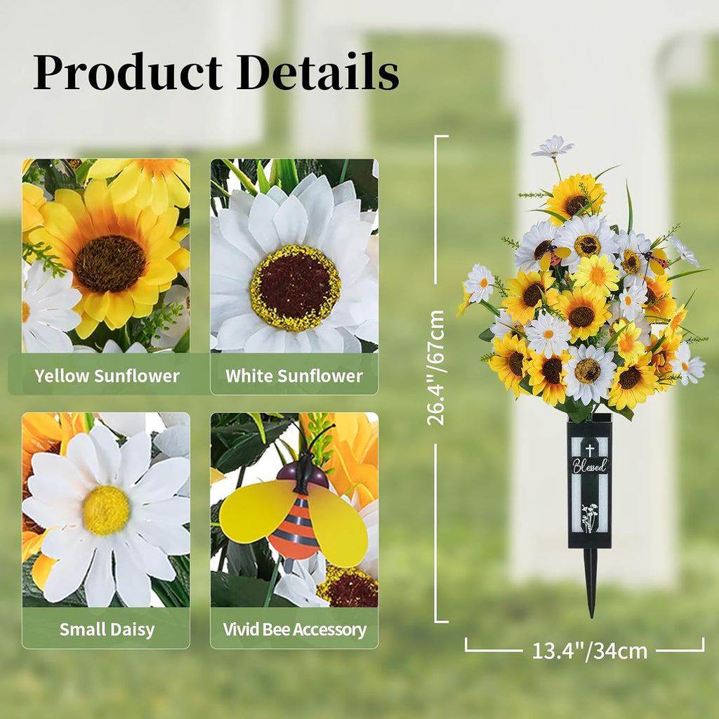 Artificial Cemetery Flowers for Grave: Sunflower with Vase, 2 Pcs
