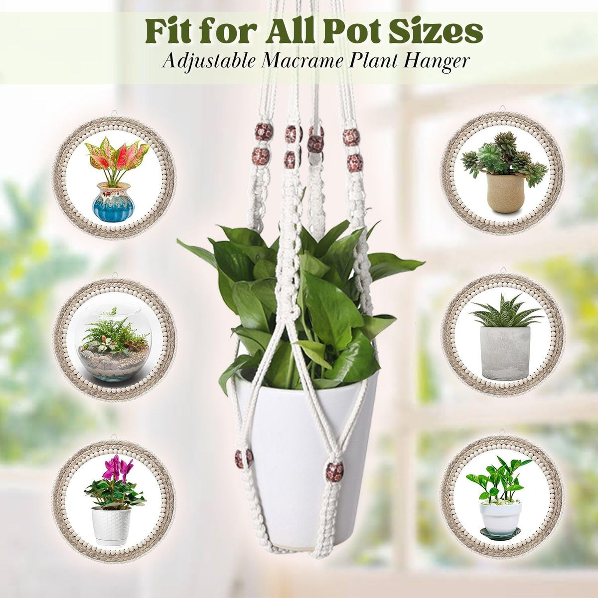 Flexzion Macrame Plant Hangers, 4 Pack, Off-White Cotton Rope, 4 Lengths
