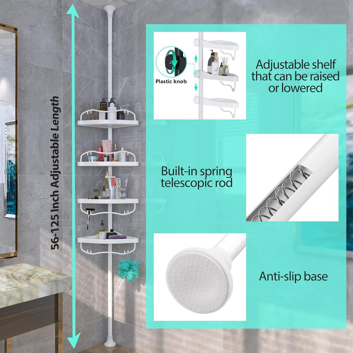 Shower Caddy Tension Pole with 4 ABS Baskets,Shower Storage Shelf with 56 to 125 Inch Adjustable Stainless Pole for Bathroom White