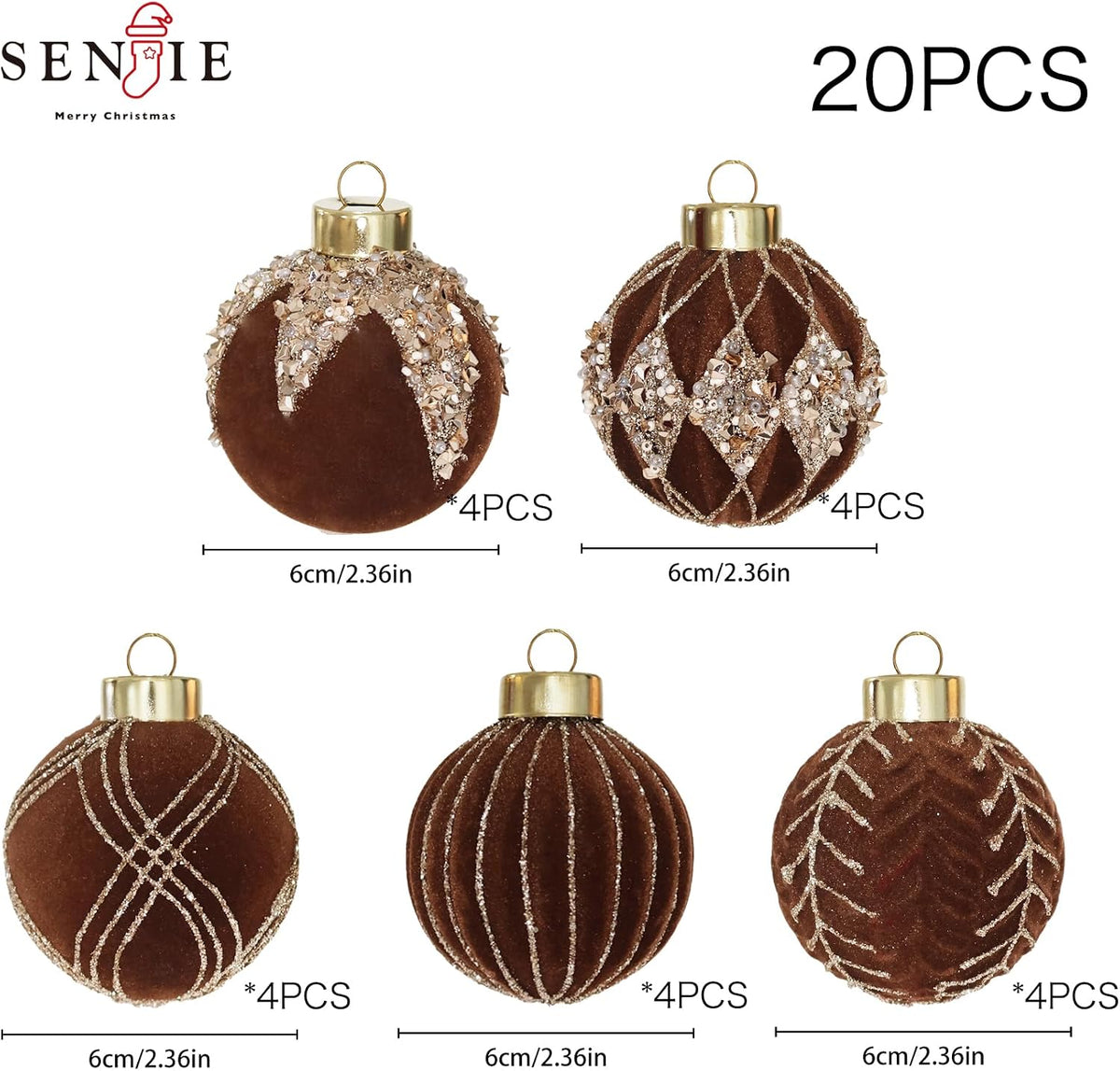 20PCS Velvet Christmas Ornaments with Glitter, 2.36IN Flocked Ornaments Set