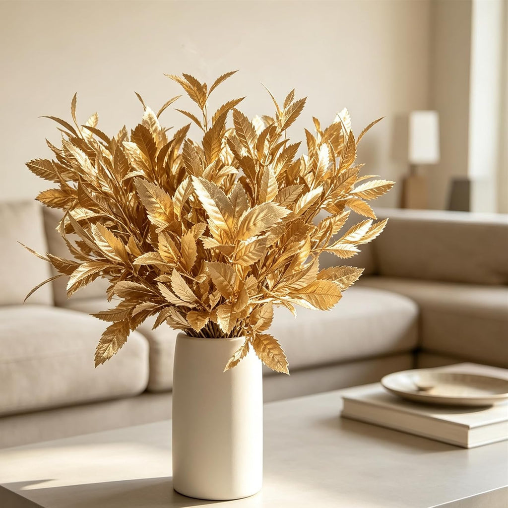 Artificial Golden Leaves Plants, Fake Shrubs Plastic Gold Decoration 4 Pack
