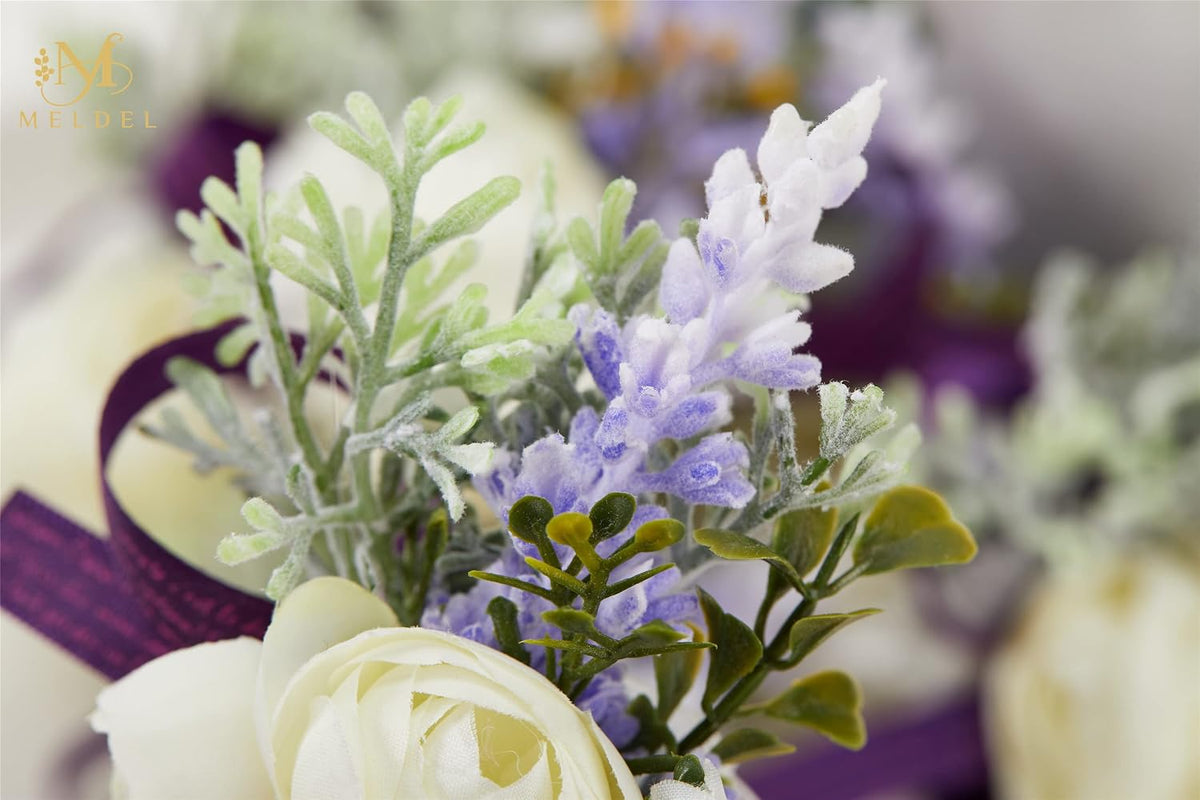 6Pcs White and Purple Artificial Silk Wrist Corsage for Wedding Prom