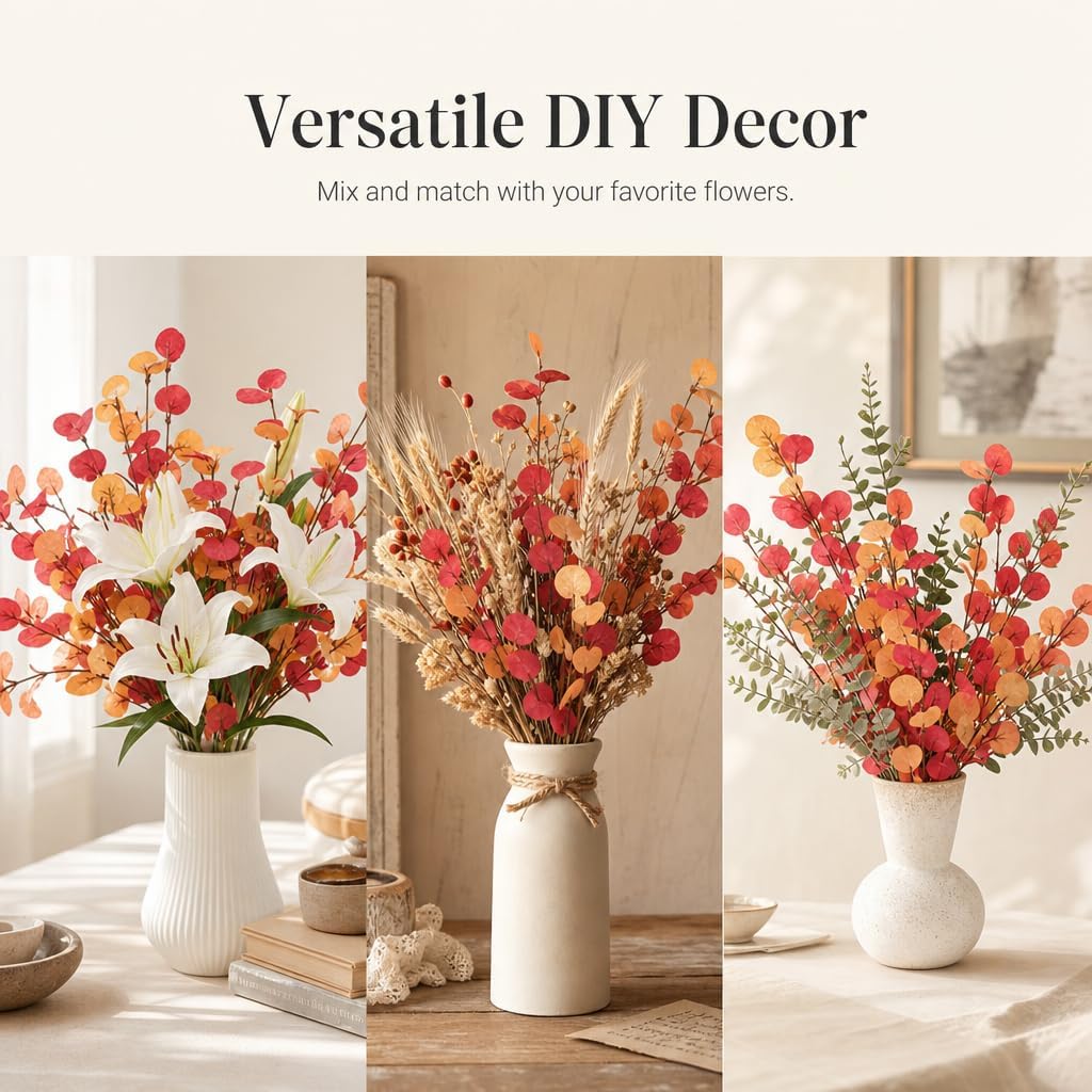 6pcs Eucalyptus Stems Fake Orange Red Autumn Leaves Artificial Silk Flowers Fall Decor Bouquet Faux Branches Centerpiece Flores Plants for Home Party Decor Wedding Decoration