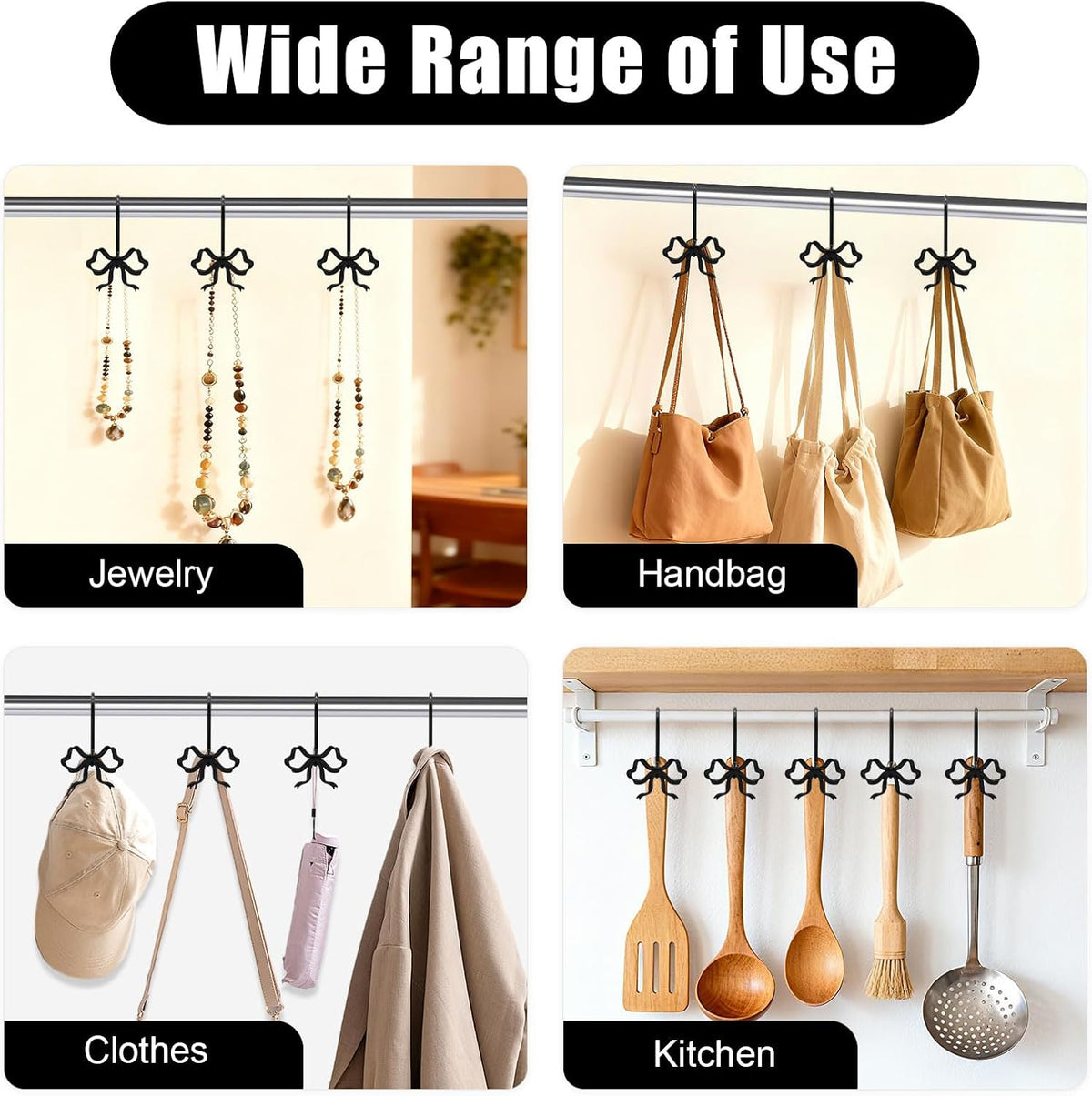 Bow Decorative Shower Curtain Hooks, Fashion Bowknot Shower Curtain Rings, Modern Bow Shower Curtain Hangers, 12PCS Shower Hooks for Shower Curtain, Home Decor, Bathroom, Bedroom, Living Room (Black)