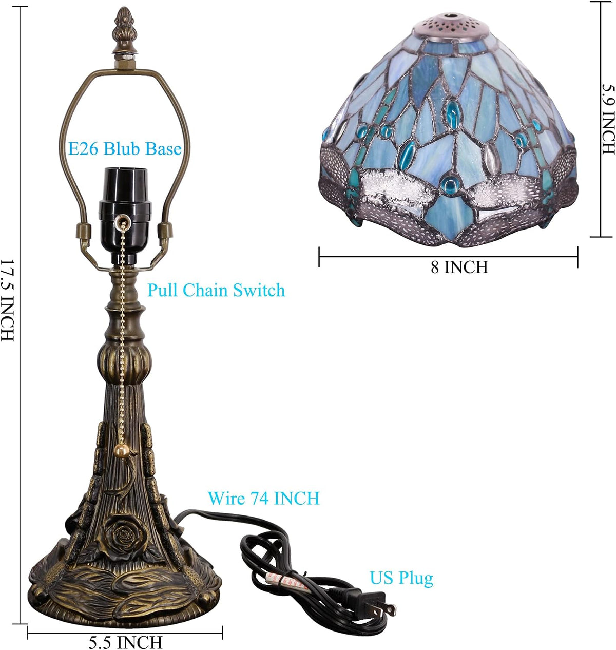 Small Tiffany Lamp Mini Stained Glass Desk Lamp Sea Blue Dragonfly
