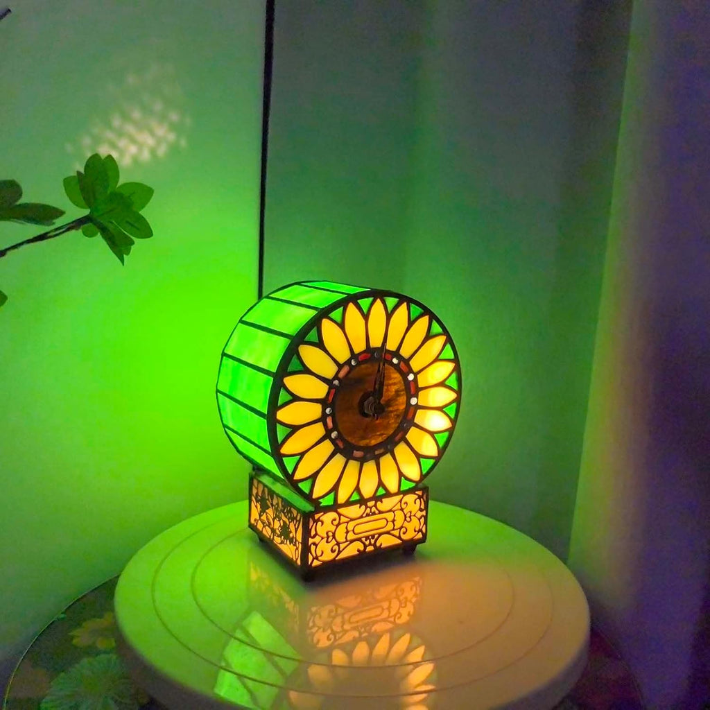 Bieye L12026 Sunflower Tiffany Style Stained Glass Clock Table Lamp