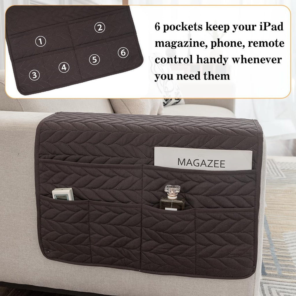 Sofa Armrest Organizer Arm Chair Caddy for Recliner, Remote Control Holder for Recliner, Non-Slip Armchair Caddy with 6 Pockets Storage for Magazine, Chocolate