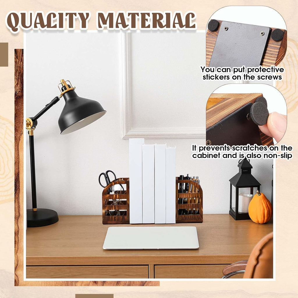 1 Pair 2 in 1 Rustic Burnt Wooden Bookend with Coated Metal Desk Supply Holds Non Skid Desktop Book Ends Pen Holder Pencil Cup Stationery Storage Bins Book Stopper for Home Office Dorm Room