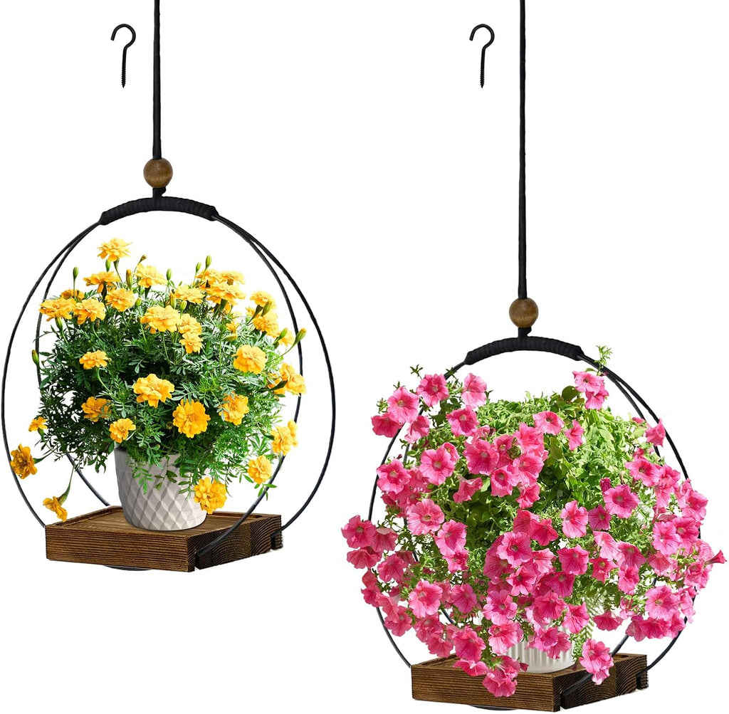 hismocal 2 Pack Hanging Planter for Indoor Plants, Black Plant Hanger with Sturdy Wood Base, Modern Boho Macrame Hanger, Wall Ceiling Window Planter (Plants/Pots Not Included)