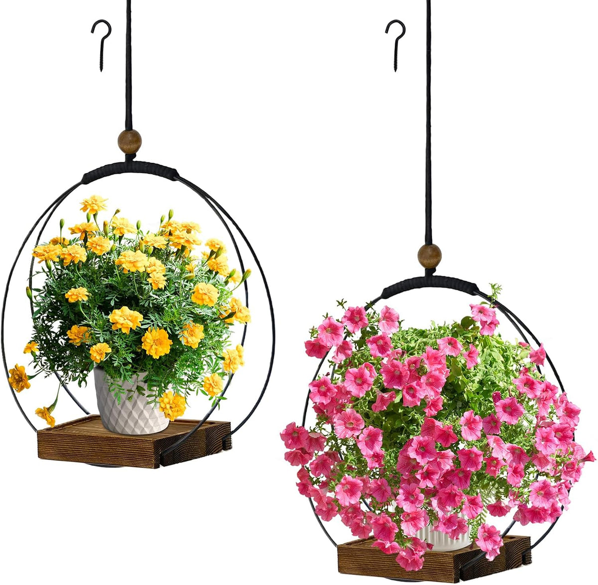 hismocal 2 Pack Hanging Planter for Indoor Plants, Black Plant Hanger with Sturdy Wood Base, Modern Boho Macrame Hanger, Wall Ceiling Window Planter (Plants/Pots Not Included)