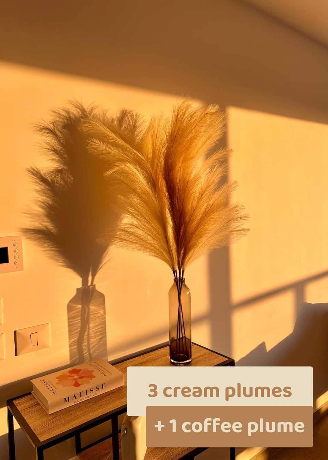 43" / 3.6 ft Pampas Grass Tall 4 Pcs - Faux Pampas Grass Bulk, Artificial Large Pampas Grass Decor for Floor Vase, Room Decor, Home Decor, Boho Decor (Cream & Coffee)