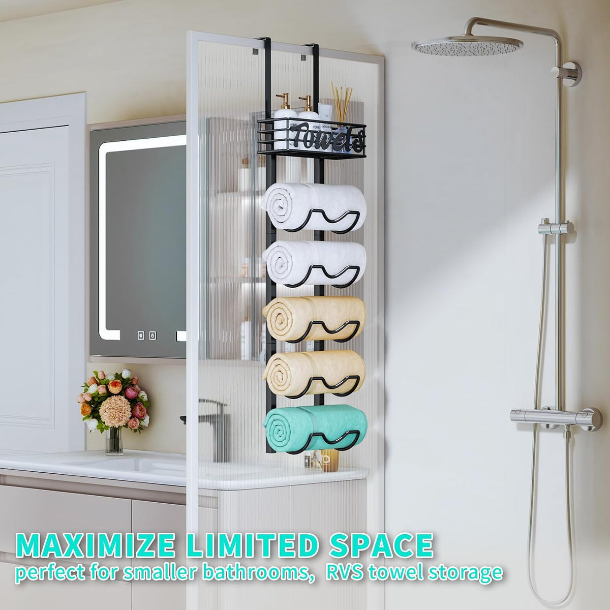 HapiRm Over The Door Towel Rack - 6 Tier Wall Mount Rolled Towel Holder Storage Organizer Shelf with Storage Basket for Small Bathroom, Rv, Camper - Black