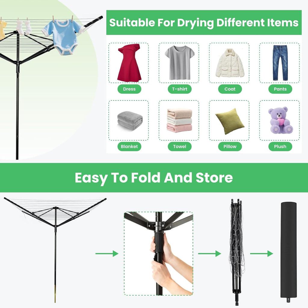 Outdoor Umbrella Drying Rack, 4-Aluminum Arms Folding Rotary Dryer with 12 Lines 165 ft Drying Space Adjustable Height Clothesline w/Waterproof Cover & Ground Spike for Garden Backyard(Black)