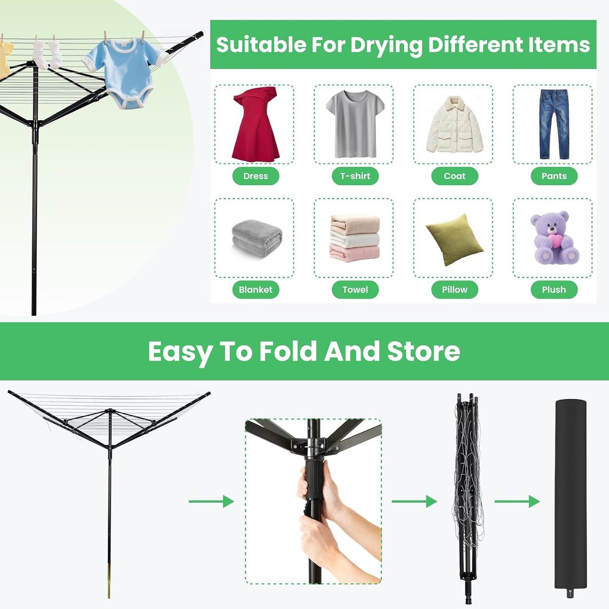 Outdoor Umbrella Drying Rack, 4-Aluminum Arms Folding Rotary Dryer with 12 Lines 165 ft Drying Space Adjustable Height Clothesline w/Waterproof Cover & Ground Spike for Garden Backyard(Black)