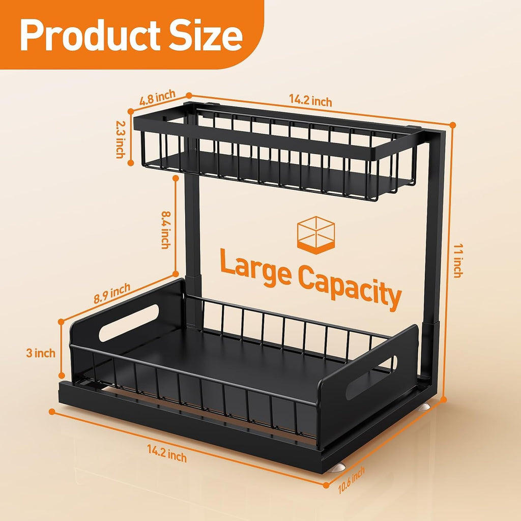 AIDIAM Under Kitchen Sink Organizer, Metal Pull Out Bathroom Organizers and Storage, 2-Tier Cabinet Organizer Shelf with Sliding Drawer, Home Organization for Kitchen, Laundry, Pantry, Black, 1 pack