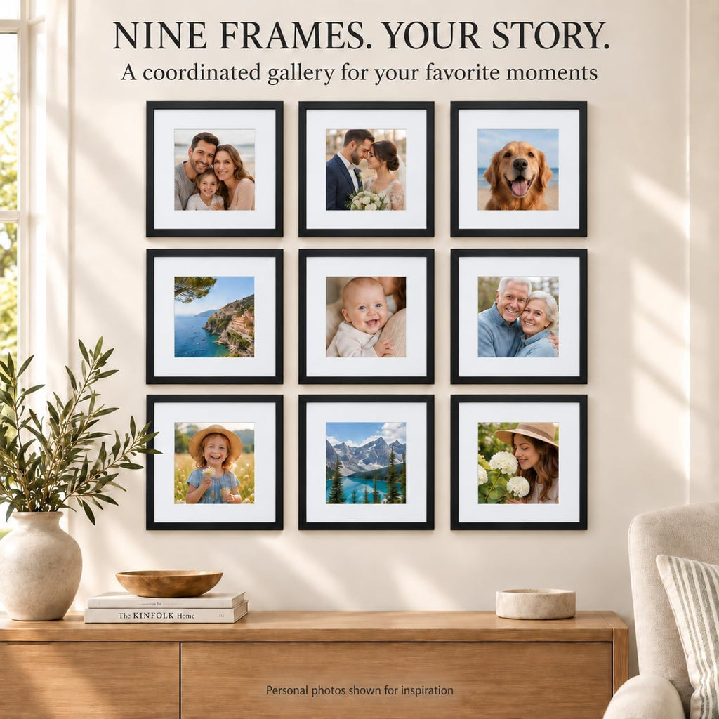 Gallery Perfect 12x12 Picture Frames, 9 Piece Set with Real Glass Cover for 8x8 Photos With Mat, Picture Frames Collage Wall Decor for Gallery Wall, Home Decor, Black