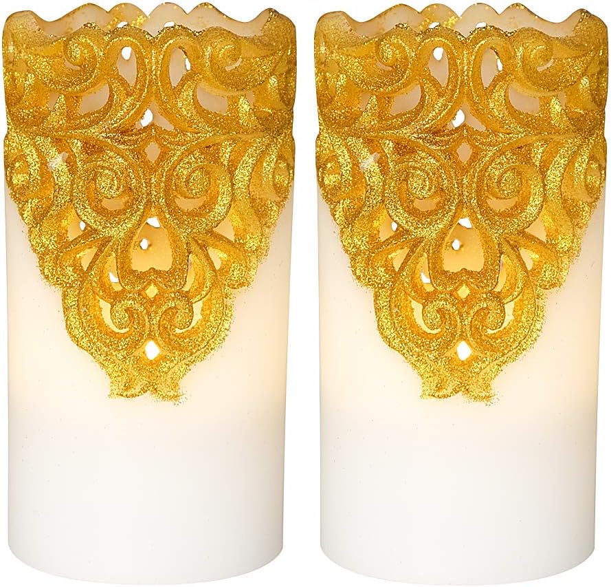 Gold Flameless LED Pillar Candles Battery Operated with 5H Timer