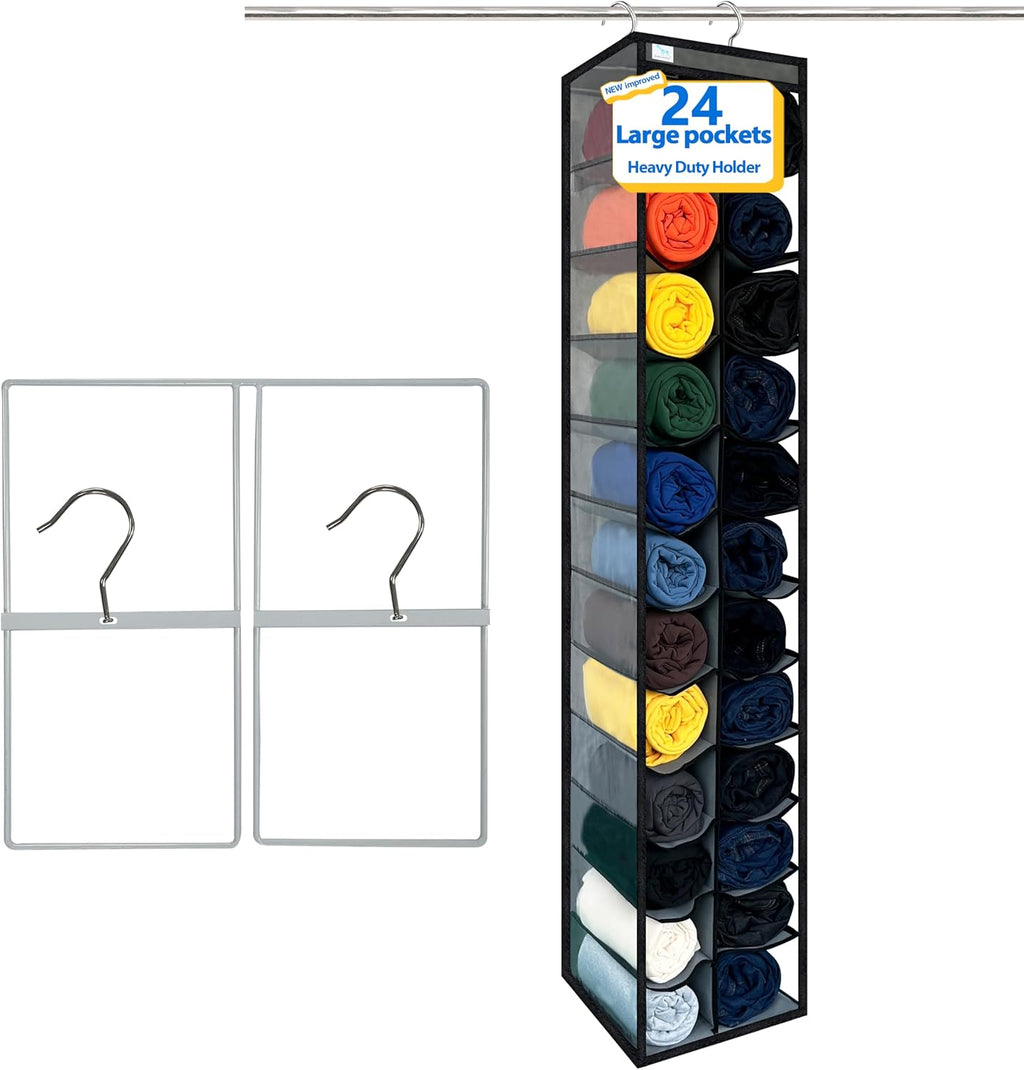 Closet Organization,24 Section, Hanging Closet Organizer, Space Saving, College Dorm Essentials for Girls, Heavy dutys Hooks Up to 45 Pounds, Clothes Storage,Closet Organizer,Grey/Black