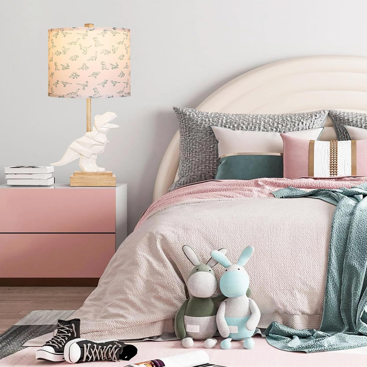 Hamucd Kids Dinosaur Table Lamp for Boys Girls Bedroom 23" Bedside Lamp for Children Gift Cute Small White Nightstand Lamp for Nursery(LED Bulb Included)