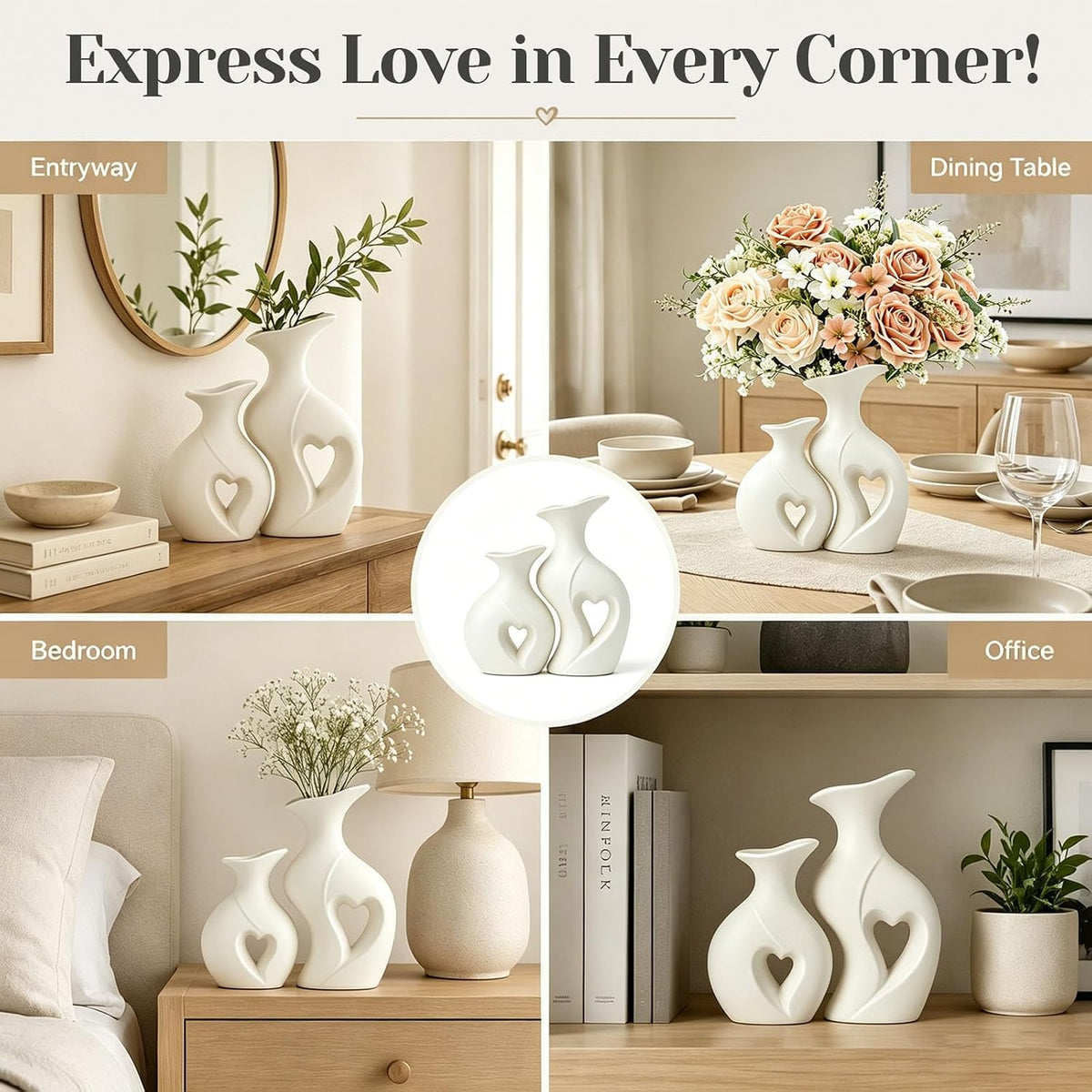 Heart Shaped Ceramic Vases Wabi Sabi Boho Flower Vase Set (White)