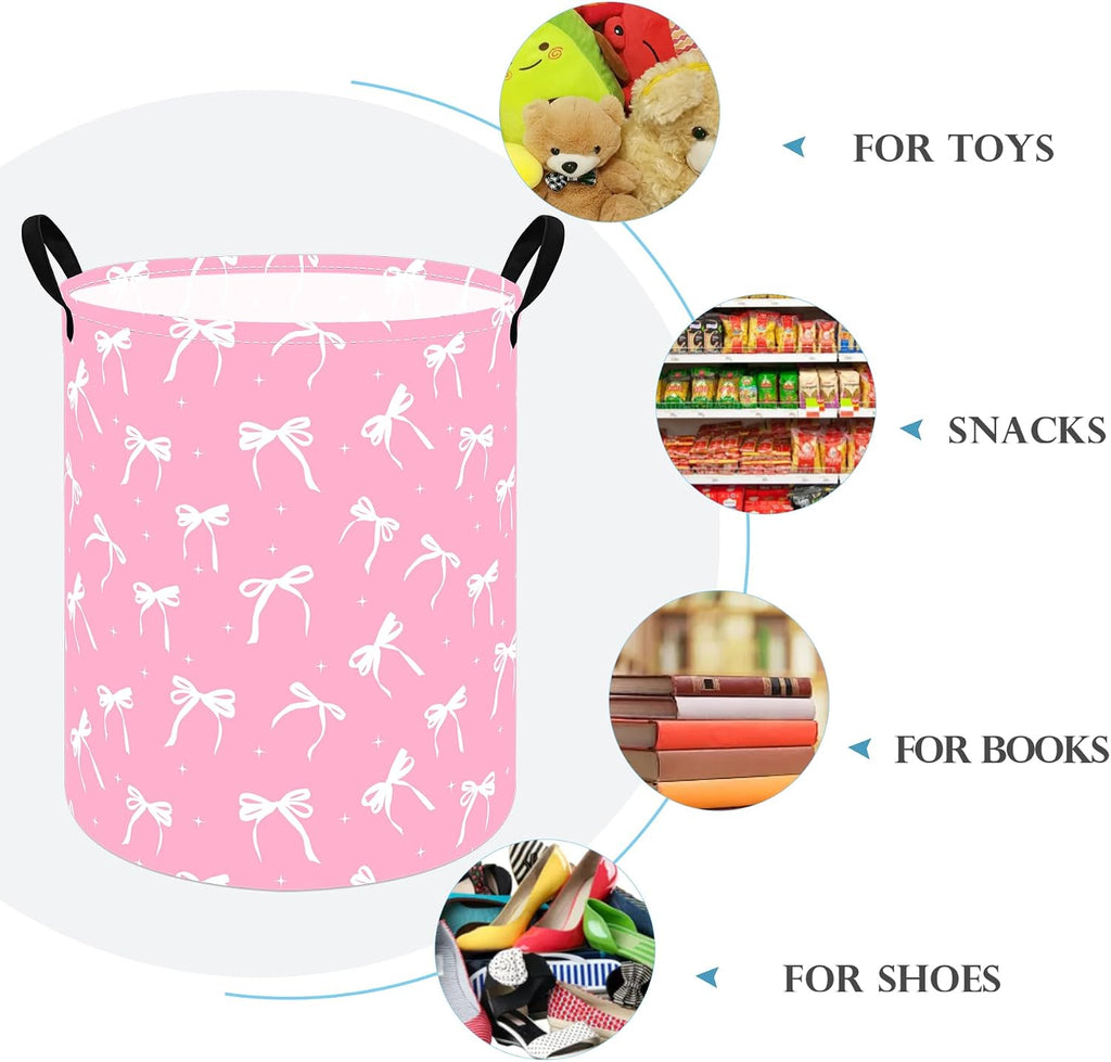 Pink Bow Cute Laundry Basket, Round Laundry Hamper with Handles, Foldable Cotton Linen Storage Bin for Girls Bedroom, Dorm Room, Nursery, Closet, Clothes and Toys