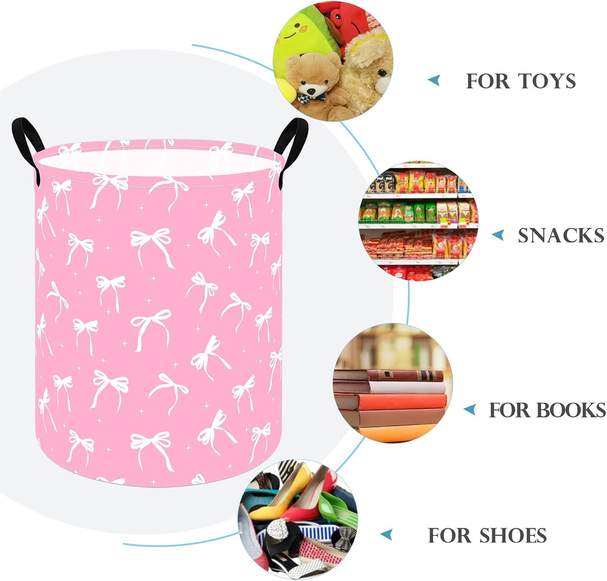 Pink Bow Cute Laundry Basket, Round Laundry Hamper with Handles, Foldable Cotton Linen Storage Bin for Girls Bedroom, Dorm Room, Nursery, Closet, Clothes and Toys
