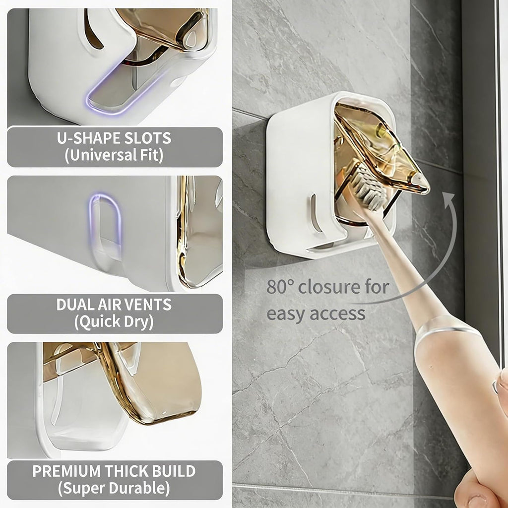 3pc Wall Mount Toothbrush Holder with Lid Self Adhesive No Drill