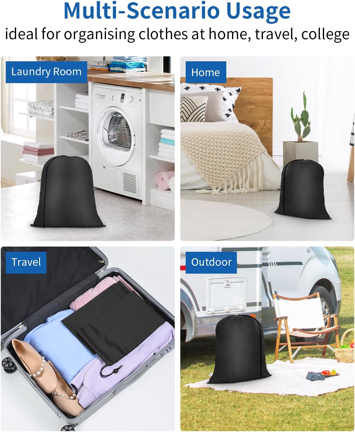 OTraki Small Laundry Bag 16x20 Inch Laundry Sack Bag with Drawstring Closure 2 Pack Laundry Wash Bag Dirty Clothes Organizer Machine Washable for Camp Drying Do Not Exceed 176℉ Black