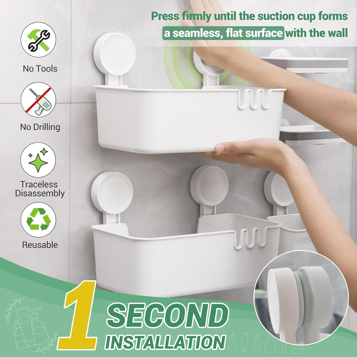 LUXEAR Shower Caddy 5 Pack Suction Cup Shower Organizer for Bathroom Storage Home &Kitchen,No Drilling Removable Plastic Shelf Organizer with Soap Dish&Toothbrush Holder Easy Install