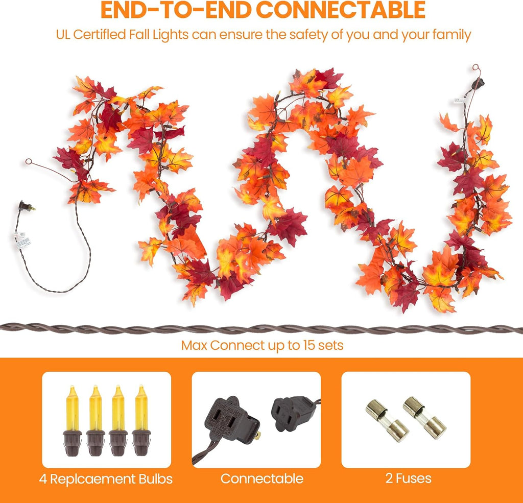 Brillarlights Fall Leaf Garland with Lights Plug in, 11FT Lighted Maple Leaf Garland with 50 Orange Bulbs, Connectable Fall Decorations for Home, Thanksgiving Halloween Mantel Stairs Porch Decor