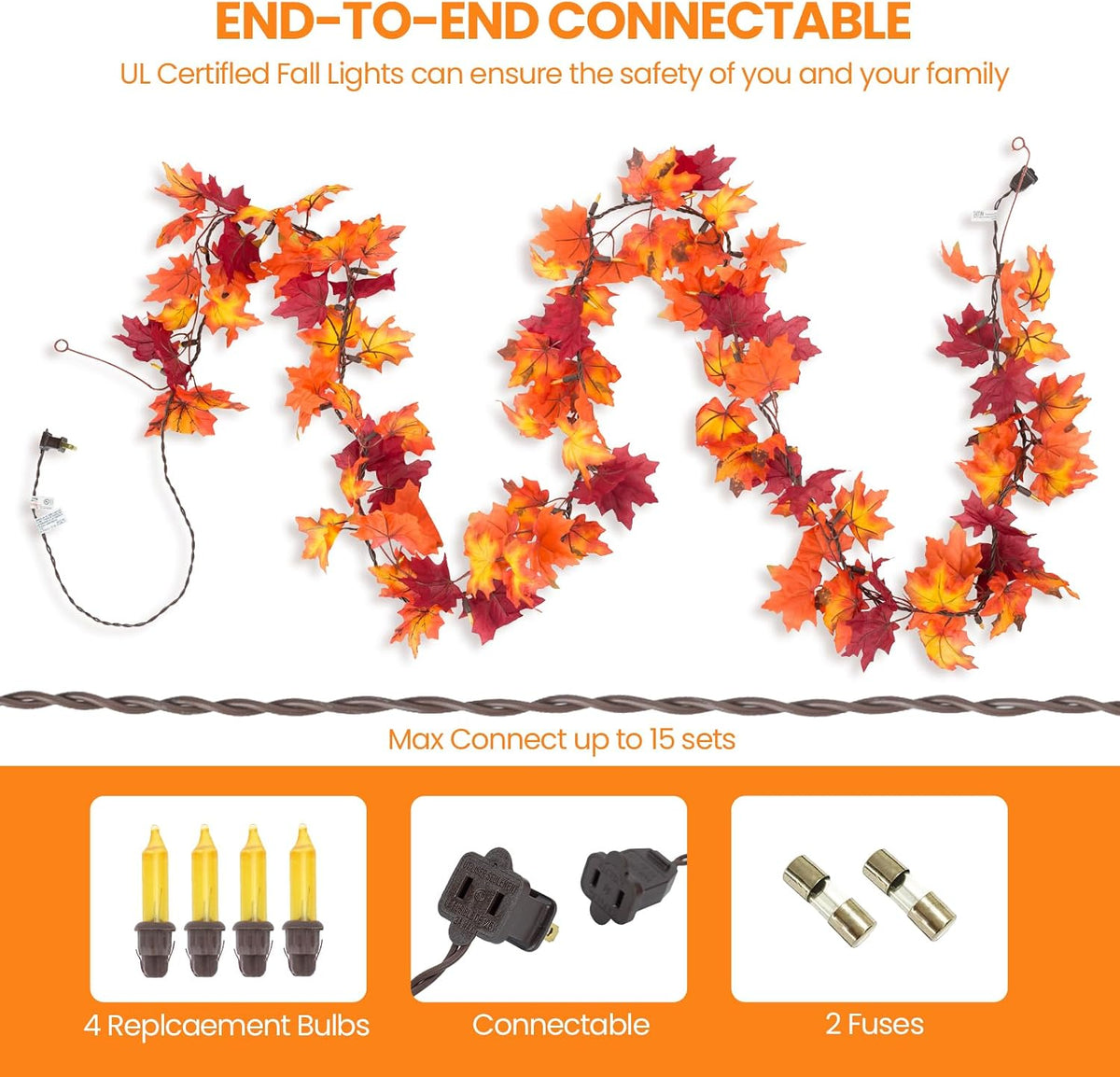 Brillarlights Fall Leaf Garland with Lights Plug in, 11FT Lighted Maple Leaf Garland with 50 Orange Bulbs, Connectable Fall Decorations for Home, Thanksgiving Halloween Mantel Stairs Porch Decor