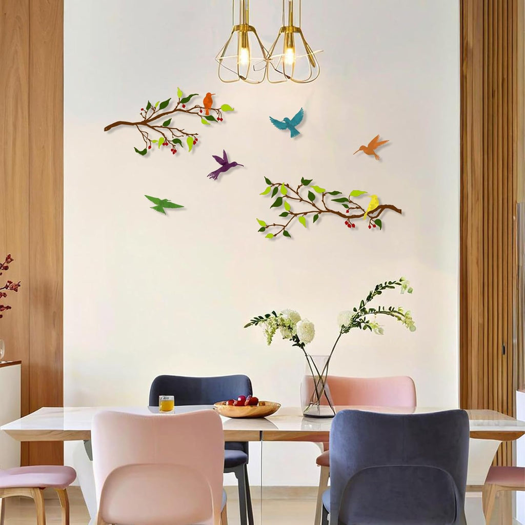 Harikikochuu 4PCS Metal Birds Wall Art, Birds on the Branch Silhouette Art, Metal Leaves with Hummingbirds Outdoor Wall Art for Home Office Balcony Garden Decor (Colorful, Hummingbirds)