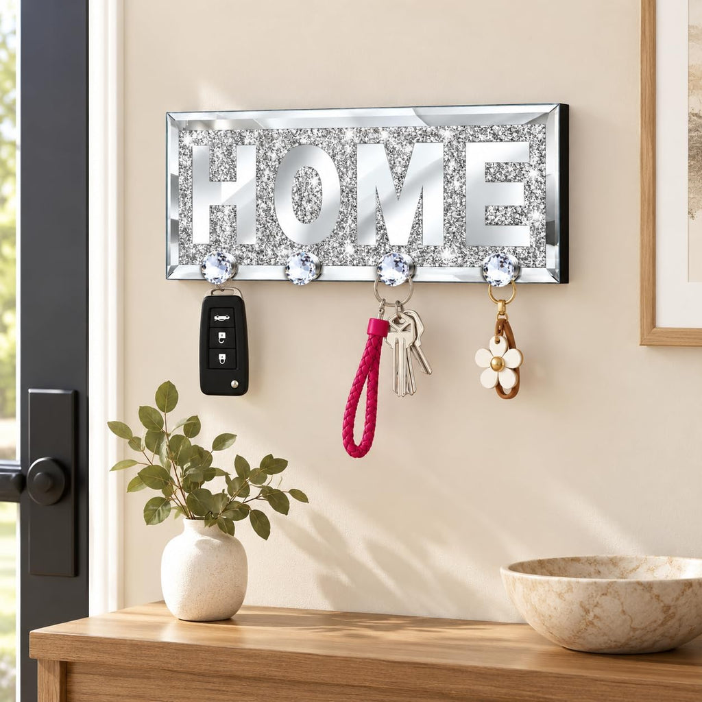 SHYFOY Mirrored Key Holder for Wall, Silver Home Sign with 4 Crystal Hooks