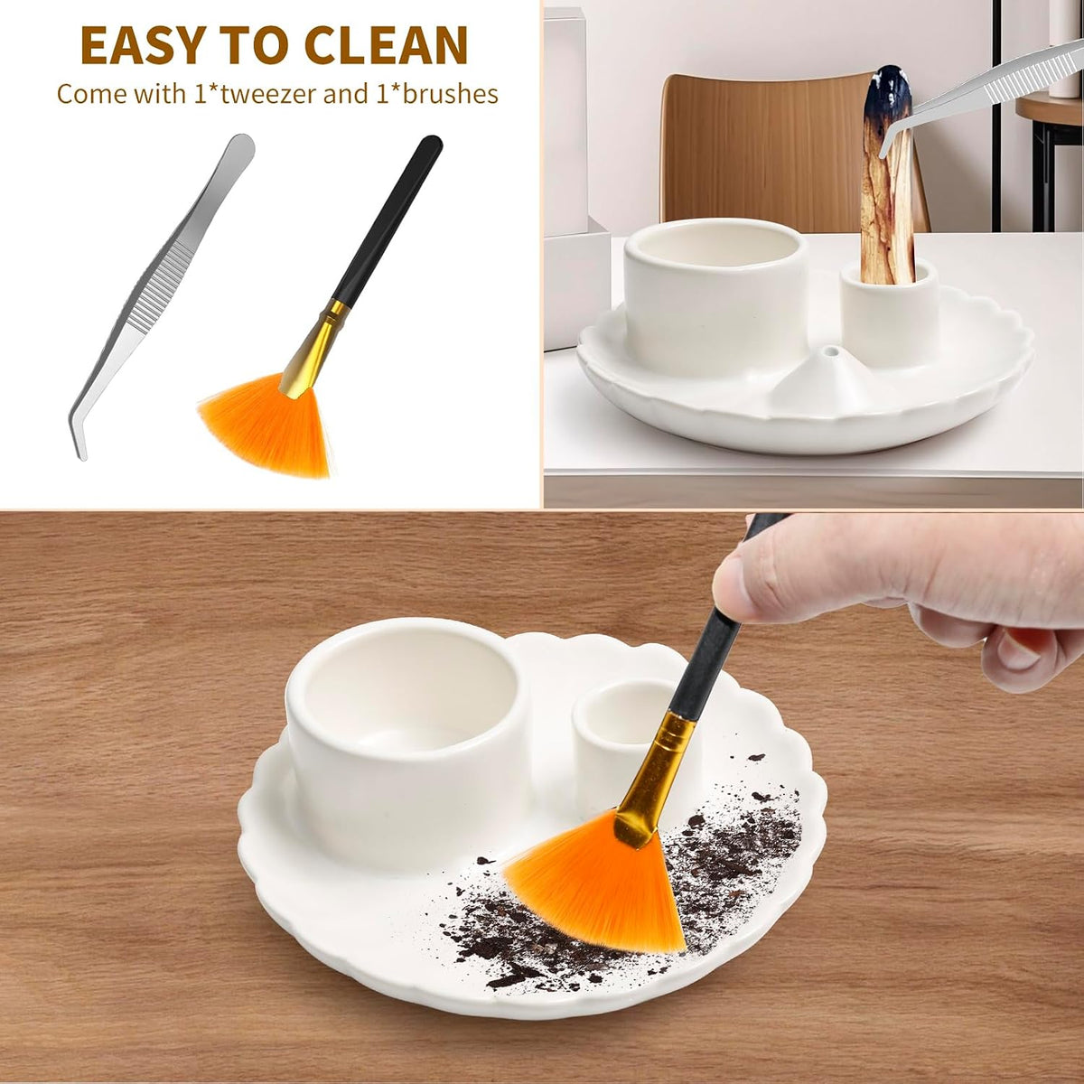 4 in 1 Incense Holder, Palo Santo Holder for Burning Sage, Sticks & Candle, Ceramic Incense Burner， 5.3" Ceramic Ash Catcher Tray for Meditation Room Home Decor