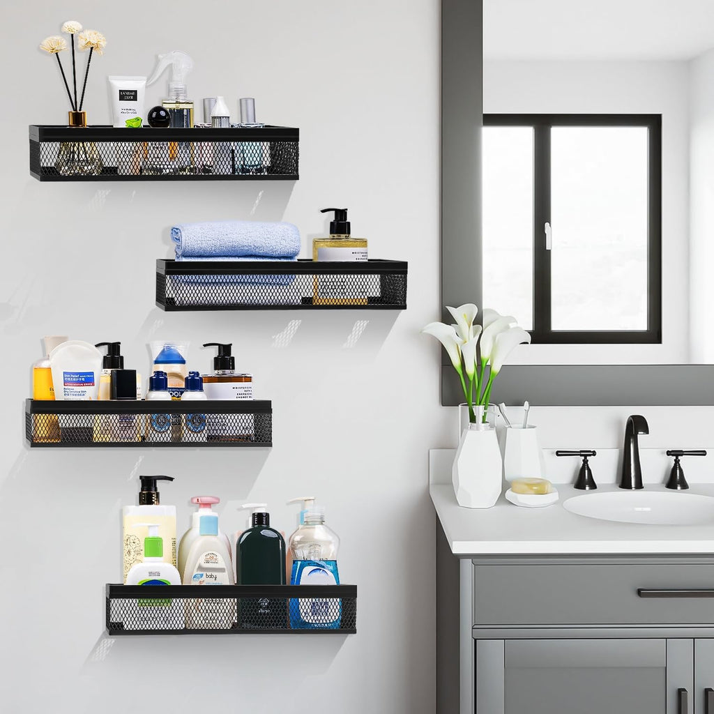 Hanging Wall Mount Storage Baskets with Adhesive Hooks & Screwing, Metal Wire Organizer Baskets for Home Decor, Kitchen, Bathroom, Pantry, Laundry, Closet, Garage, RV Black 2 Packs (Netting)