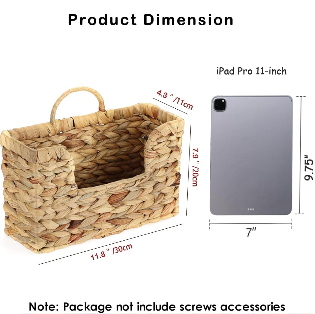 Hanging Magazine Basket, Woven Wall Magazine Holder Organizer with Handle for Mail, Files, Books - Water Hyacinth Farmhouse Storage Rack for Bathroom, Kitchen, Office